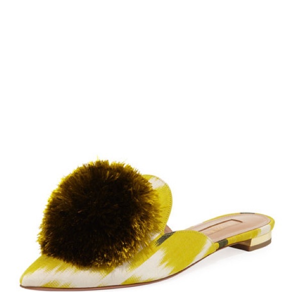 Size 41 - Aquazzura Powder Puff Pompom Lime Green/Yellow Mules - Picture 9 of 16